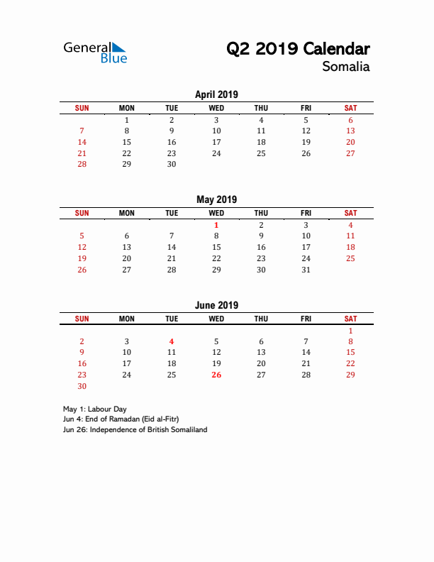 2019 Q2 Calendar with Holidays List for Somalia