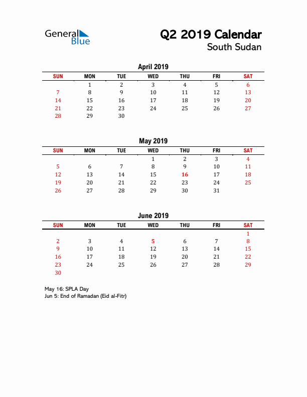 2019 Q2 Calendar with Holidays List for South Sudan