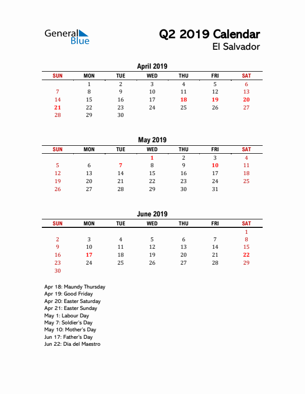 2019 Q2 Calendar with Holidays List for El Salvador