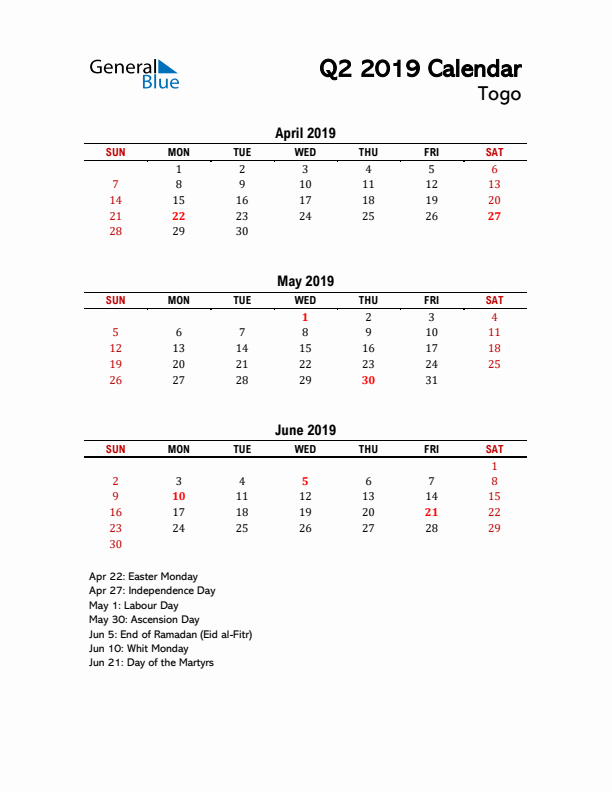 2019 Q2 Calendar with Holidays List for Togo