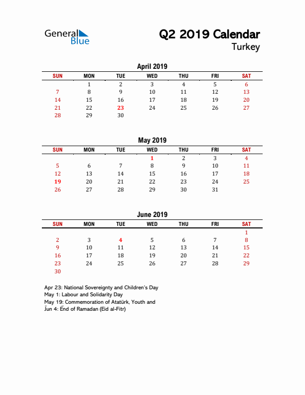 2019 Q2 Calendar with Holidays List for Turkey