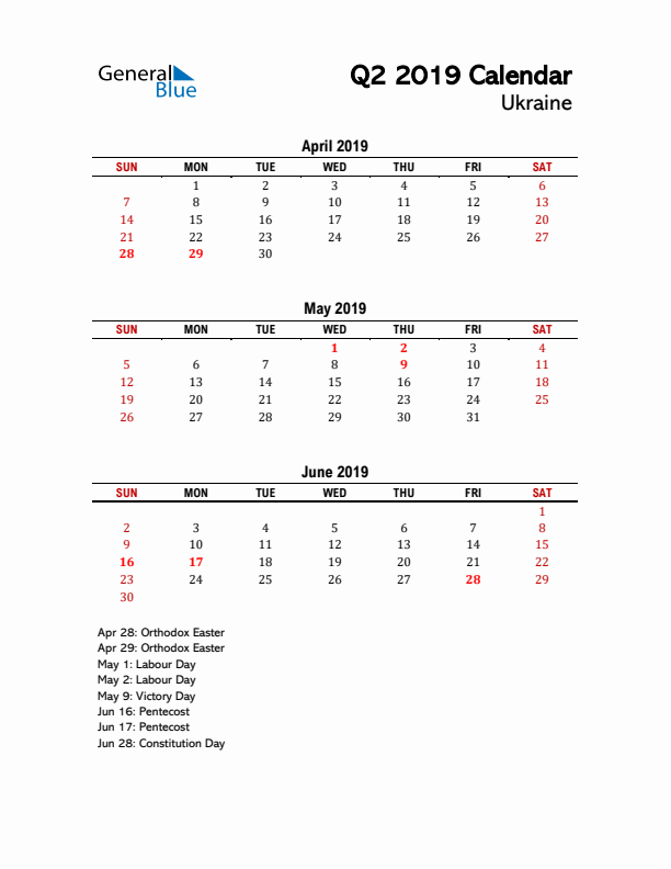 2019 Q2 Calendar with Holidays List for Ukraine