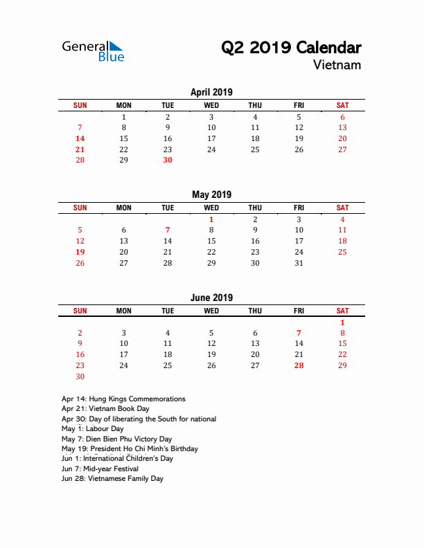 2019 Q2 Calendar with Holidays List for Vietnam