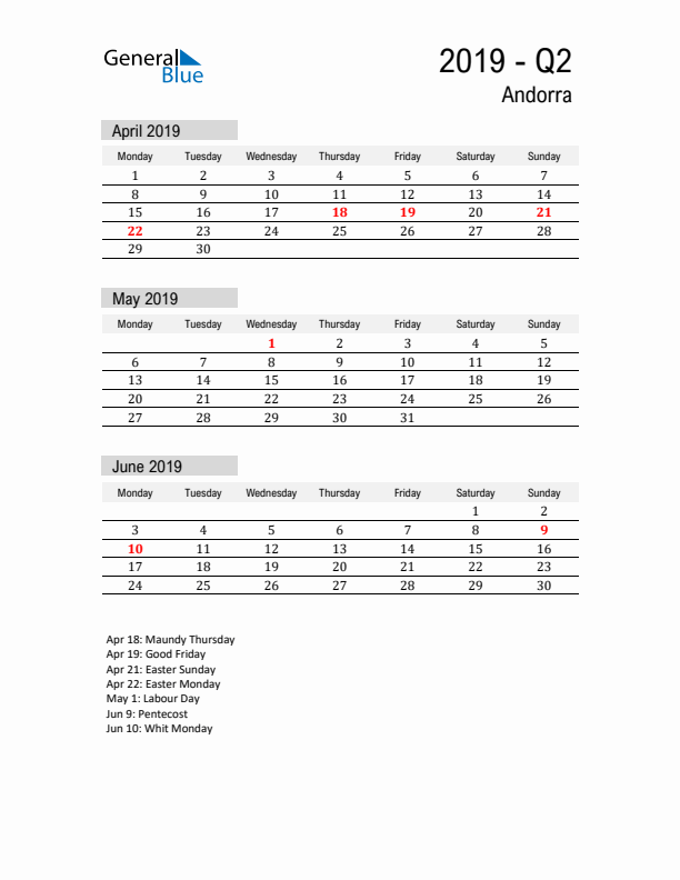 Andorra Quarter 2 2019 Calendar with Holidays