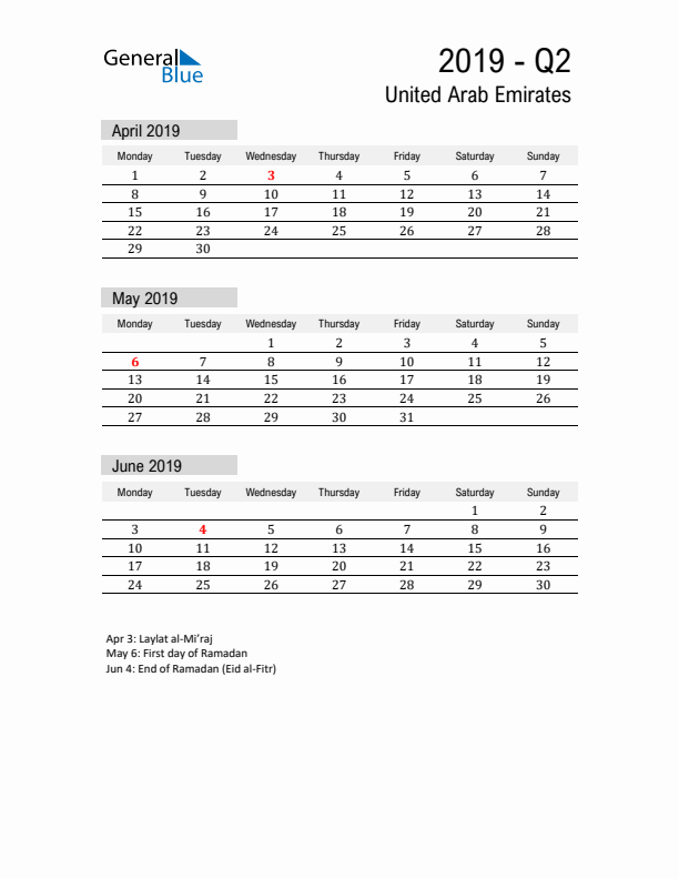 United Arab Emirates Quarter 2 2019 Calendar with Holidays