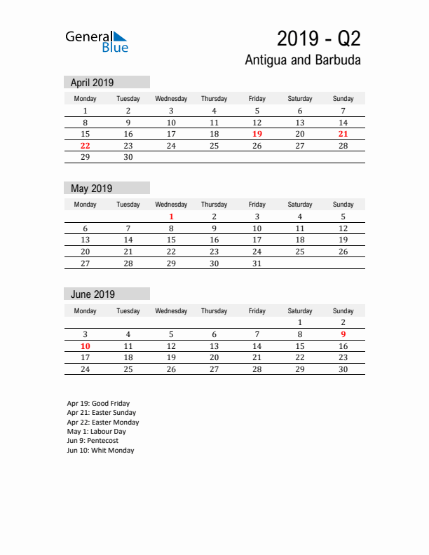 Antigua and Barbuda Quarter 2 2019 Calendar with Holidays