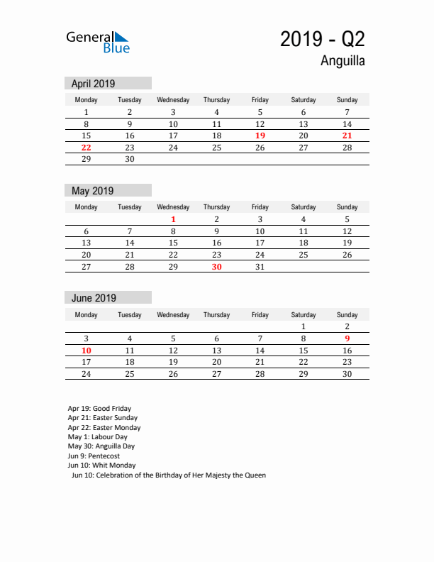 Anguilla Quarter 2 2019 Calendar with Holidays