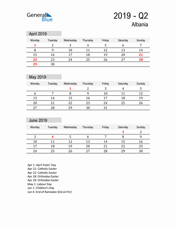 Albania Quarter 2 2019 Calendar with Holidays