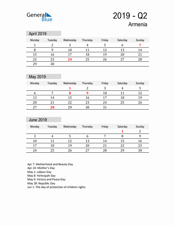 Armenia Quarter 2 2019 Calendar with Holidays