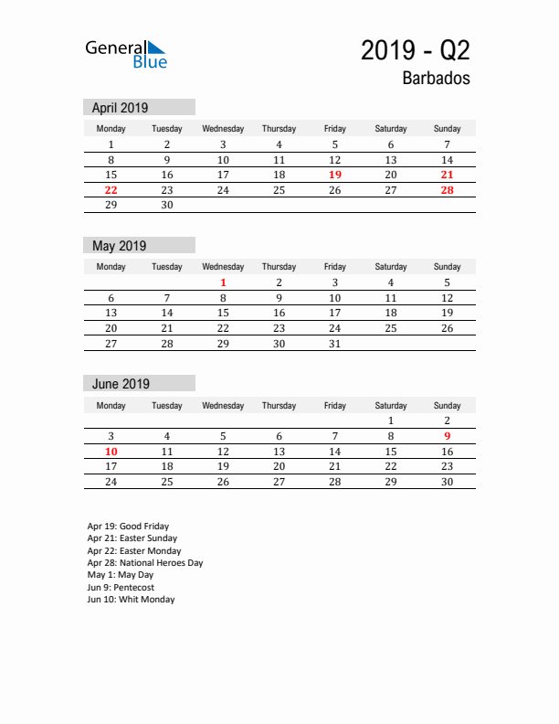 Barbados Quarter 2 2019 Calendar with Holidays