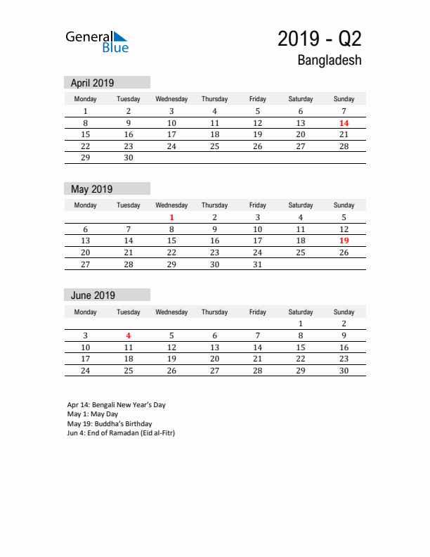 Bangladesh Quarter 2 2019 Calendar with Holidays