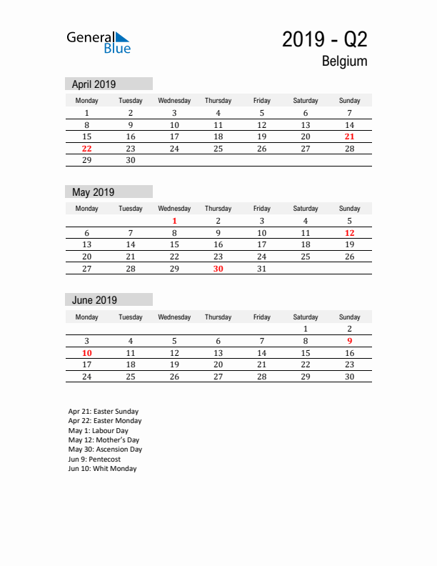 Belgium Quarter 2 2019 Calendar with Holidays