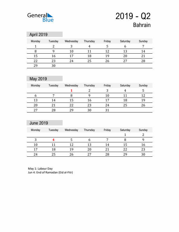 Bahrain Quarter 2 2019 Calendar with Holidays