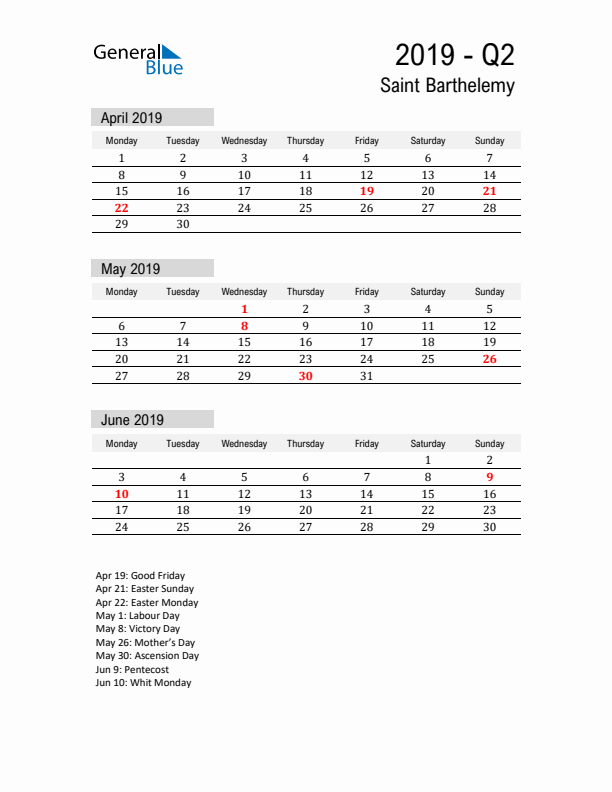 Saint Barthelemy Quarter 2 2019 Calendar with Holidays