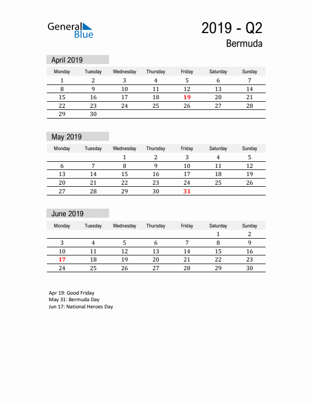 Bermuda Quarter 2 2019 Calendar with Holidays