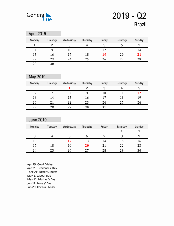 Brazil Quarter 2 2019 Calendar with Holidays