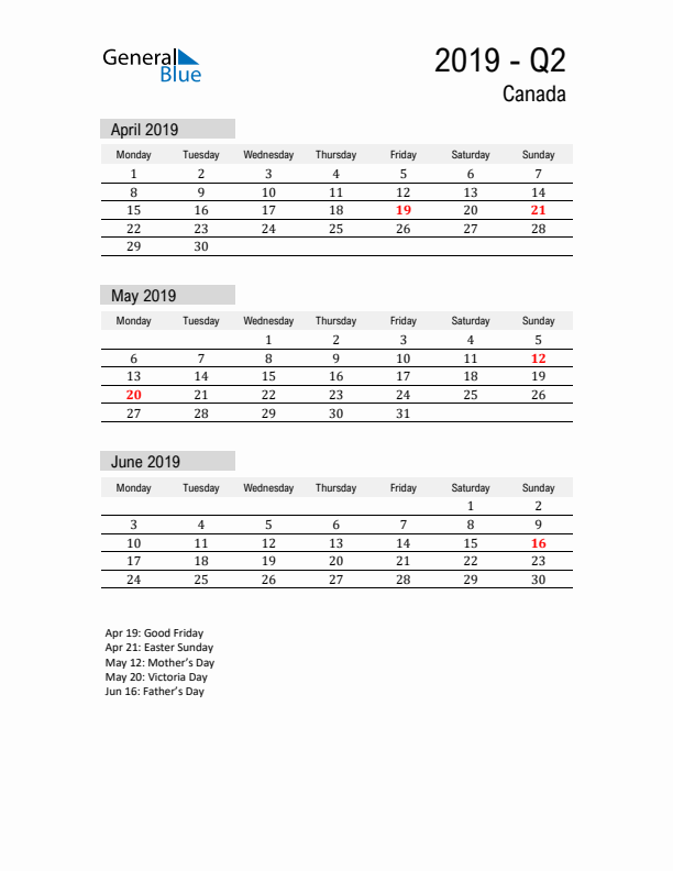 Canada Quarter 2 2019 Calendar with Holidays