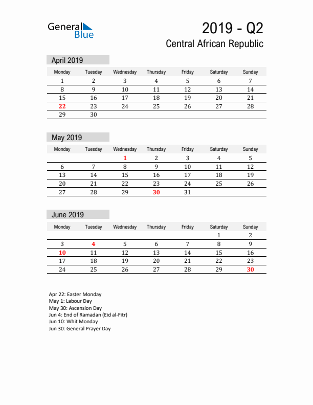 Central African Republic Quarter 2 2019 Calendar with Holidays