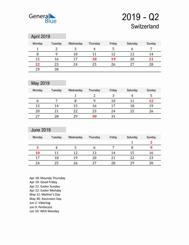 Switzerland Quarter 2 2019 Calendar with Holidays