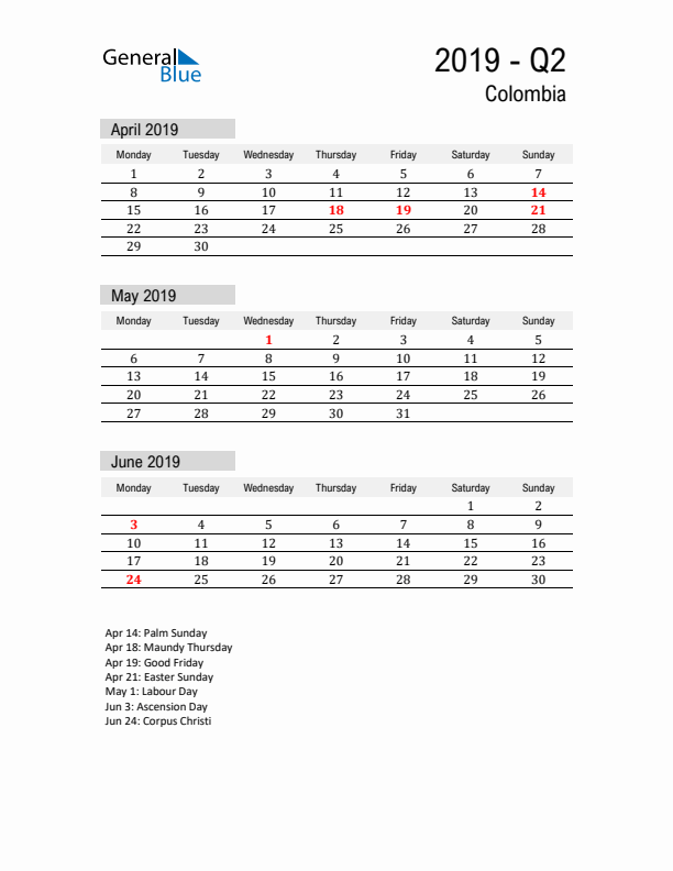 Colombia Quarter 2 2019 Calendar with Holidays