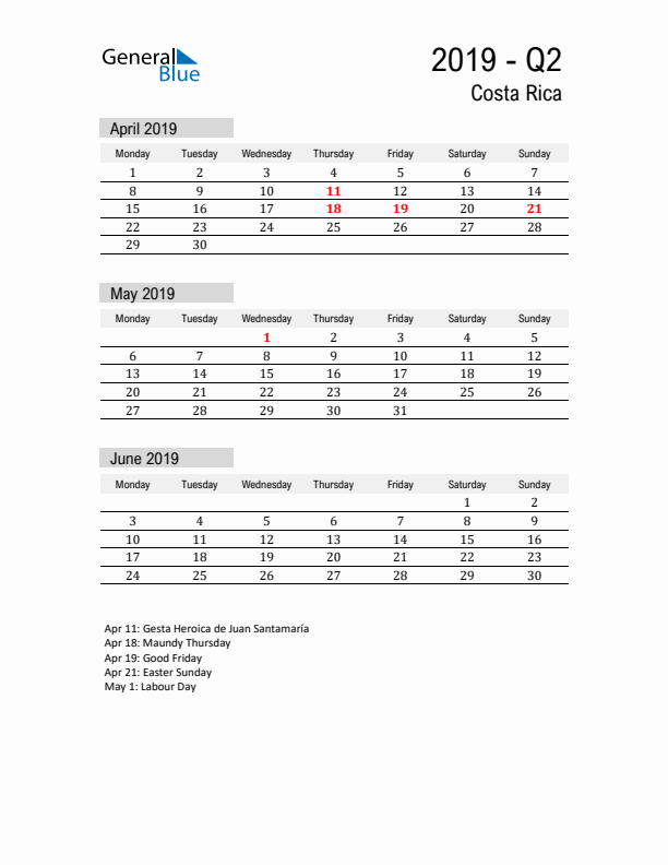 Costa Rica Quarter 2 2019 Calendar with Holidays