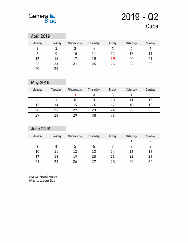 Cuba Quarter 2 2019 Calendar with Holidays