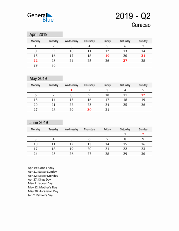 Curacao Quarter 2 2019 Calendar with Holidays