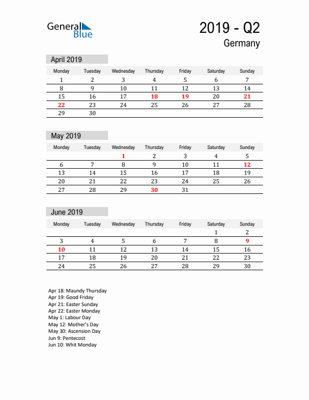 Germany Quarter 2 2019 Calendar with Holidays