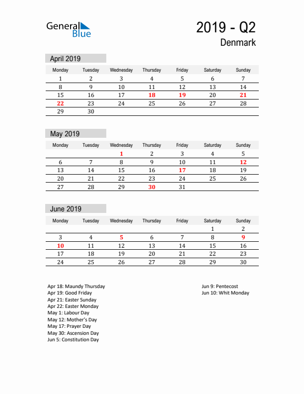 Denmark Quarter 2 2019 Calendar with Holidays