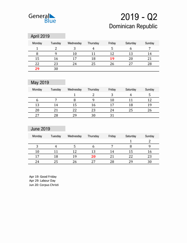 Dominican Republic Quarter 2 2019 Calendar with Holidays