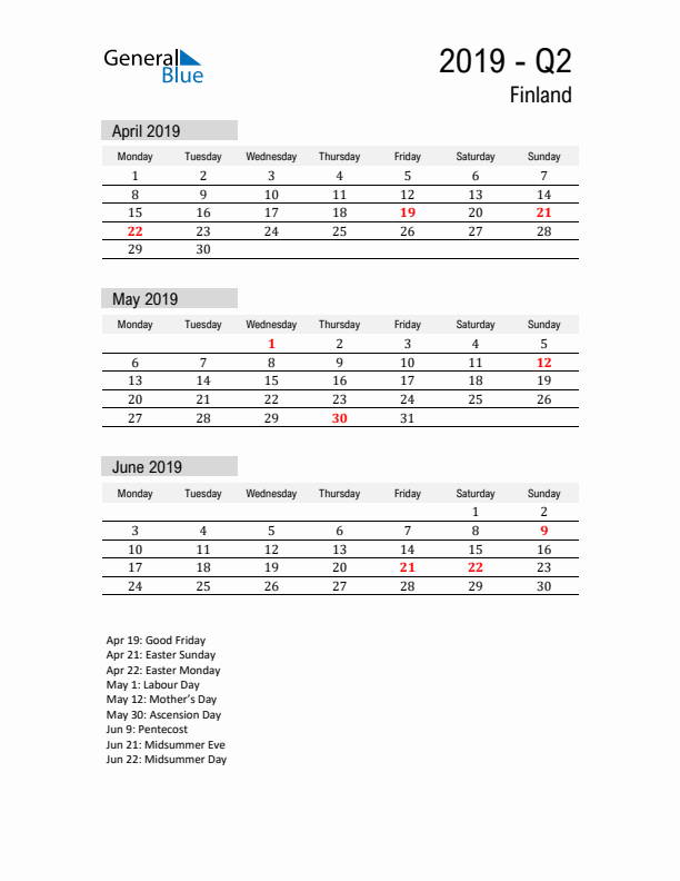 Finland Quarter 2 2019 Calendar with Holidays