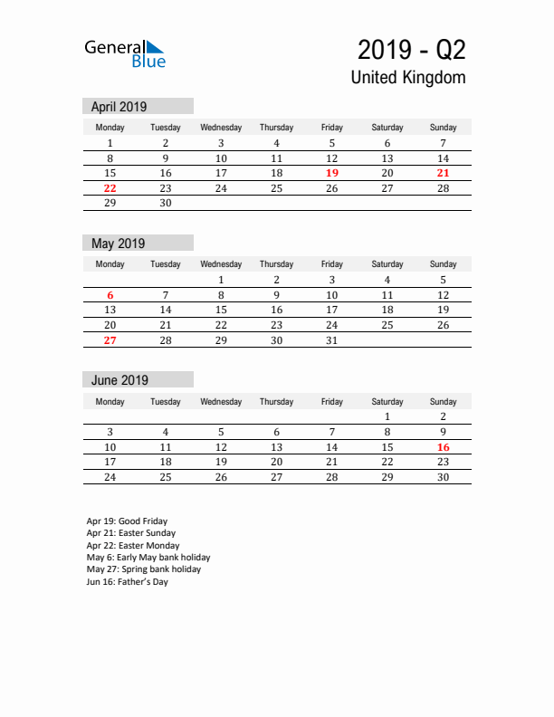 United Kingdom Quarter 2 2019 Calendar with Holidays