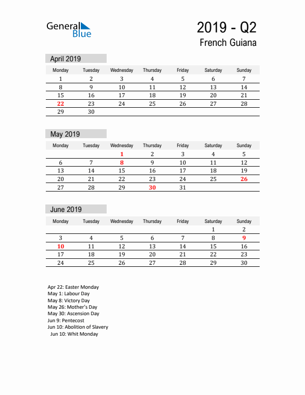 French Guiana Quarter 2 2019 Calendar with Holidays