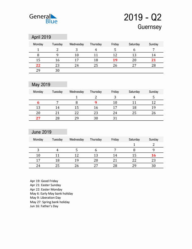 Guernsey Quarter 2 2019 Calendar with Holidays