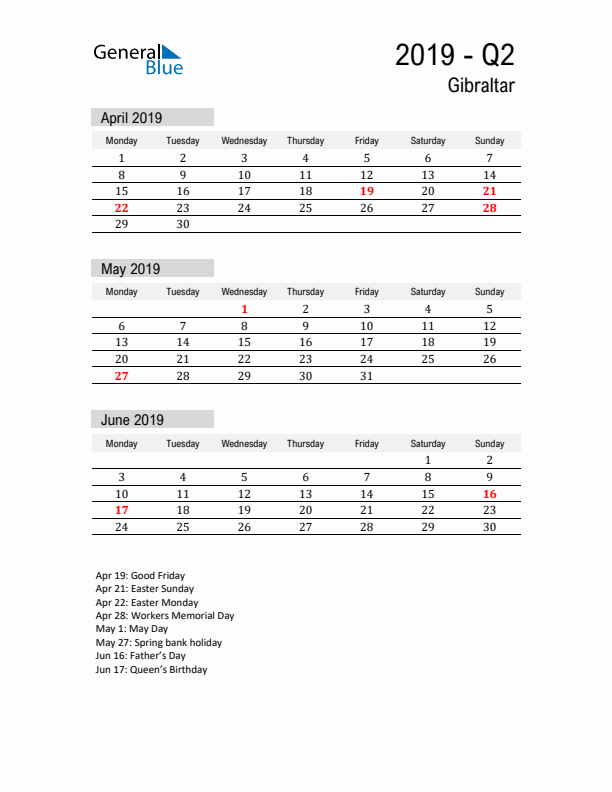 Gibraltar Quarter 2 2019 Calendar with Holidays