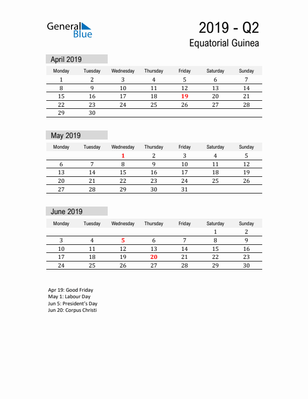 Equatorial Guinea Quarter 2 2019 Calendar with Holidays