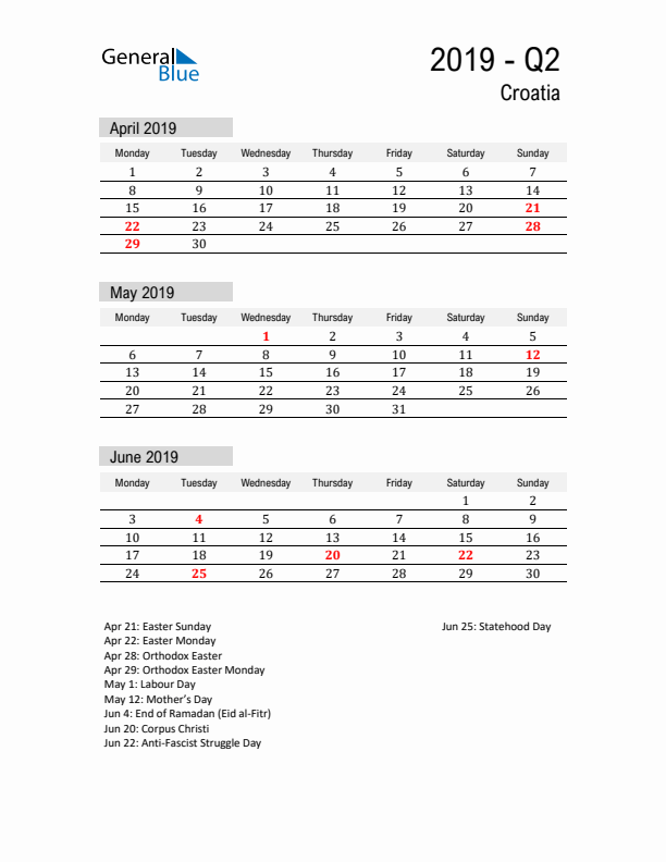 Croatia Quarter 2 2019 Calendar with Holidays