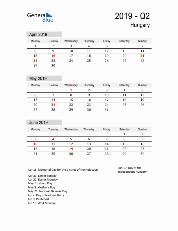 Hungary Quarter 2 2019 Calendar with Holidays