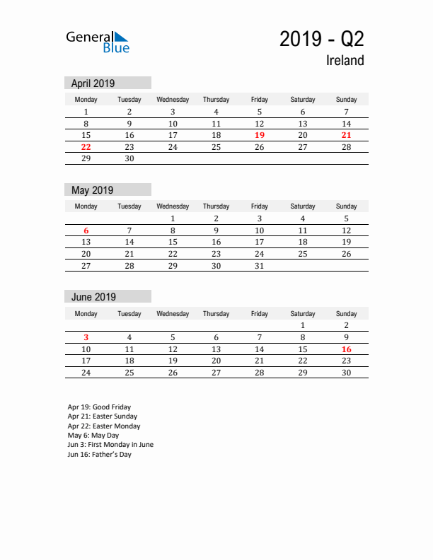 Ireland Quarter 2 2019 Calendar with Holidays