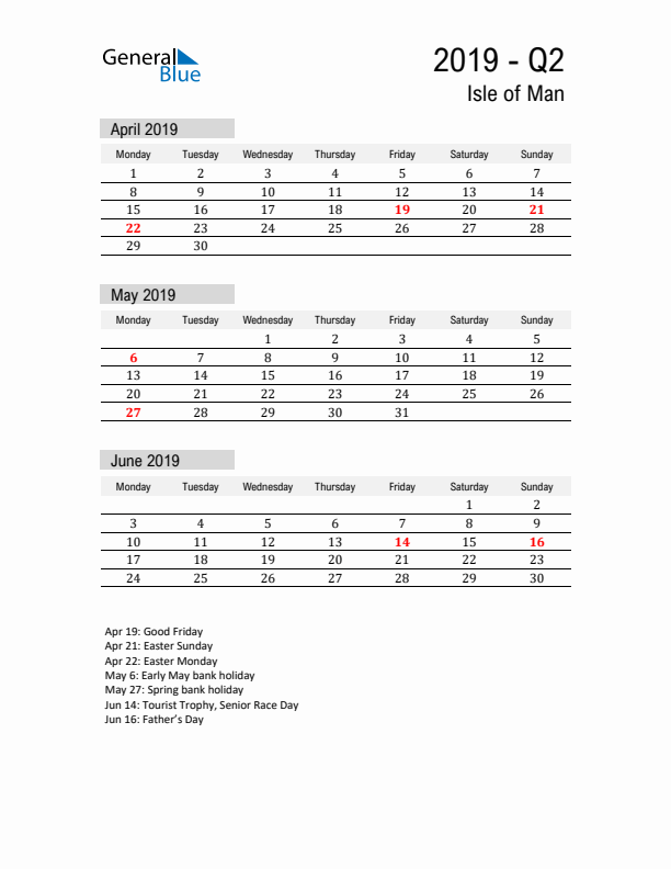 Isle of Man Quarter 2 2019 Calendar with Holidays