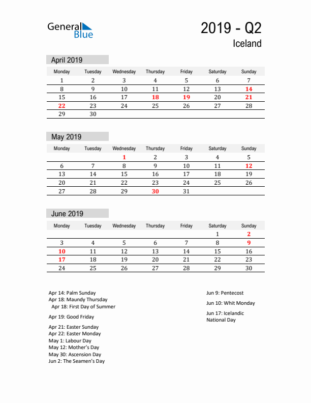 Iceland Quarter 2 2019 Calendar with Holidays