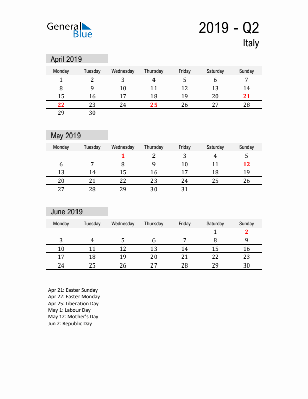 Italy Quarter 2 2019 Calendar with Holidays