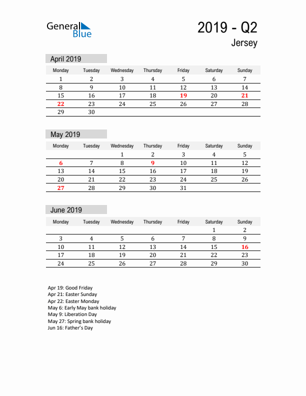 Jersey Quarter 2 2019 Calendar with Holidays