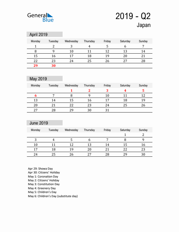 Japan Quarter 2 2019 Calendar with Holidays