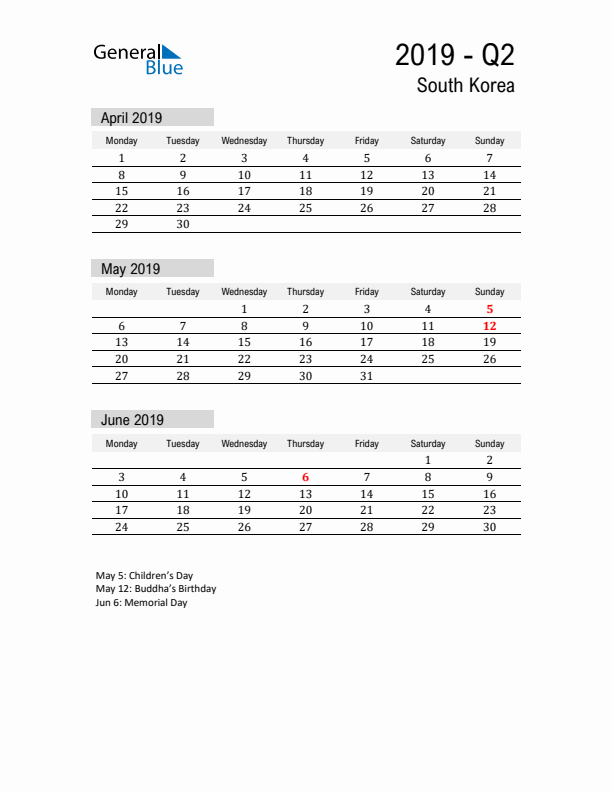 South Korea Quarter 2 2019 Calendar with Holidays