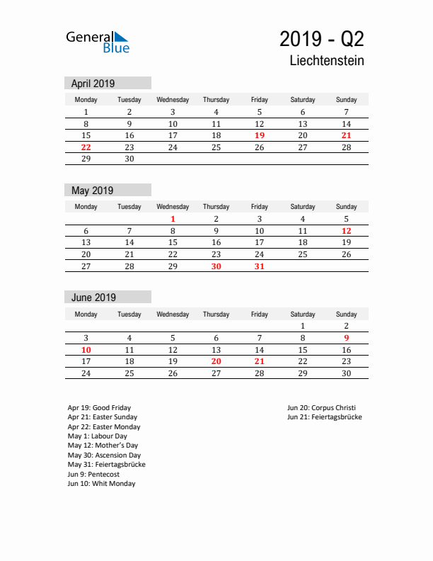 Liechtenstein Quarter 2 2019 Calendar with Holidays