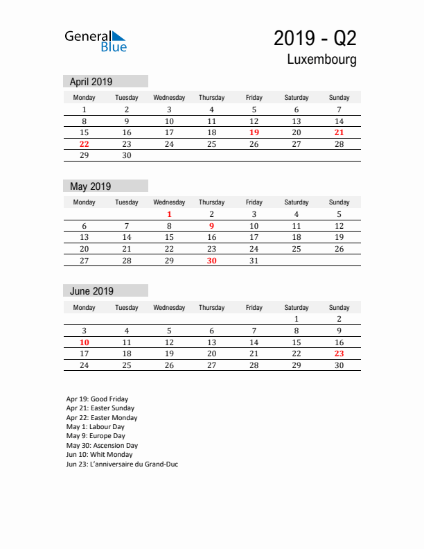 Luxembourg Quarter 2 2019 Calendar with Holidays