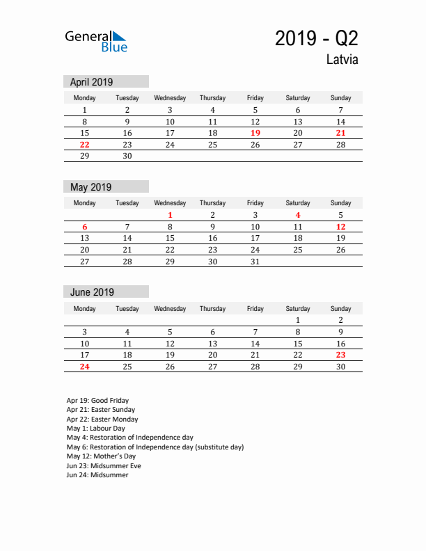 Latvia Quarter 2 2019 Calendar with Holidays