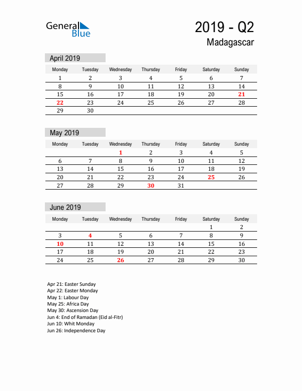 Madagascar Quarter 2 2019 Calendar with Holidays