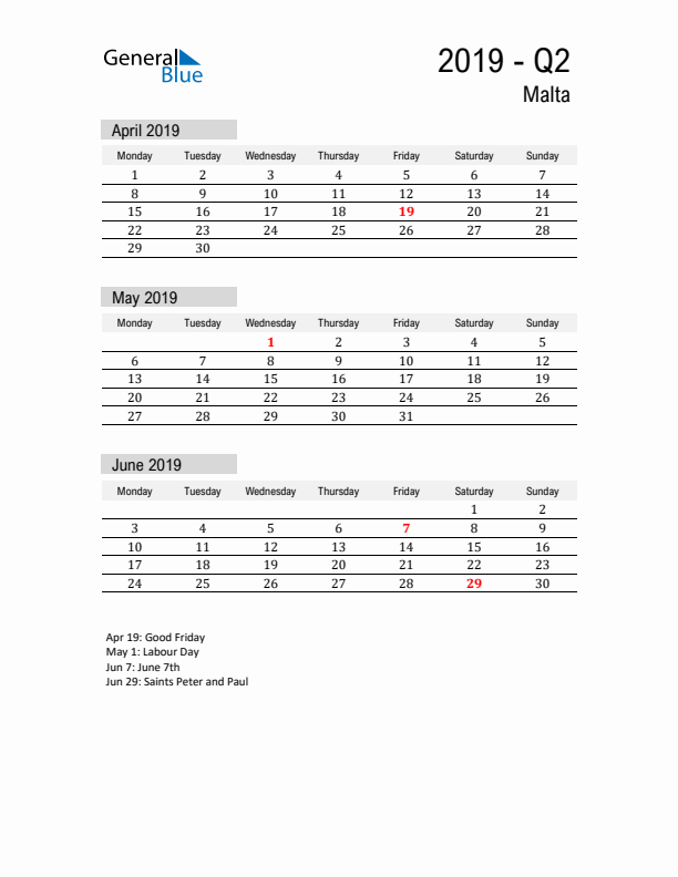 Malta Quarter 2 2019 Calendar with Holidays